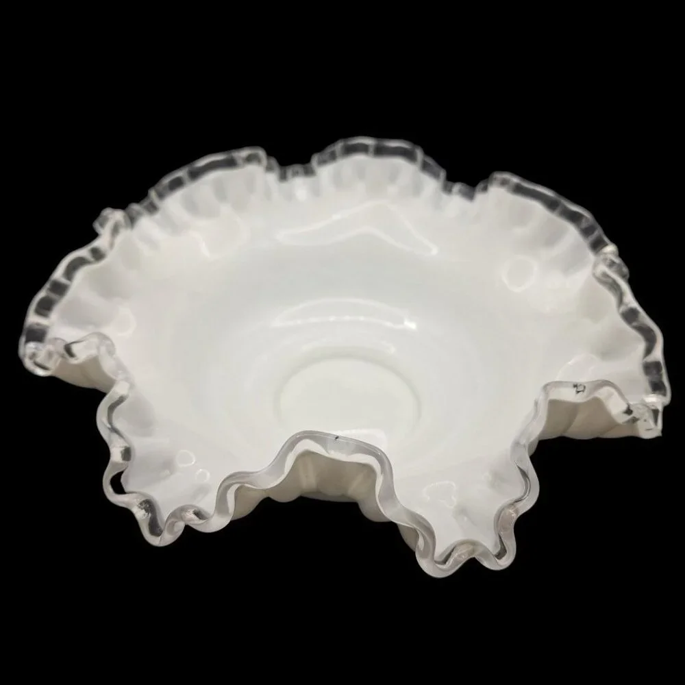 Fenton Silver Crest Ruffle‎ Bowl White Milk Glass Clear Edge 10 Inch Unmarked